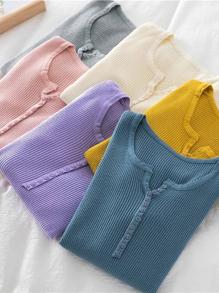 2025 Autumn Winter Button V Neck Sweater Basic Slim Pullover Women Sweaters And Pullovers Knit Jumper Soft Warm Tops dongdumaoyi