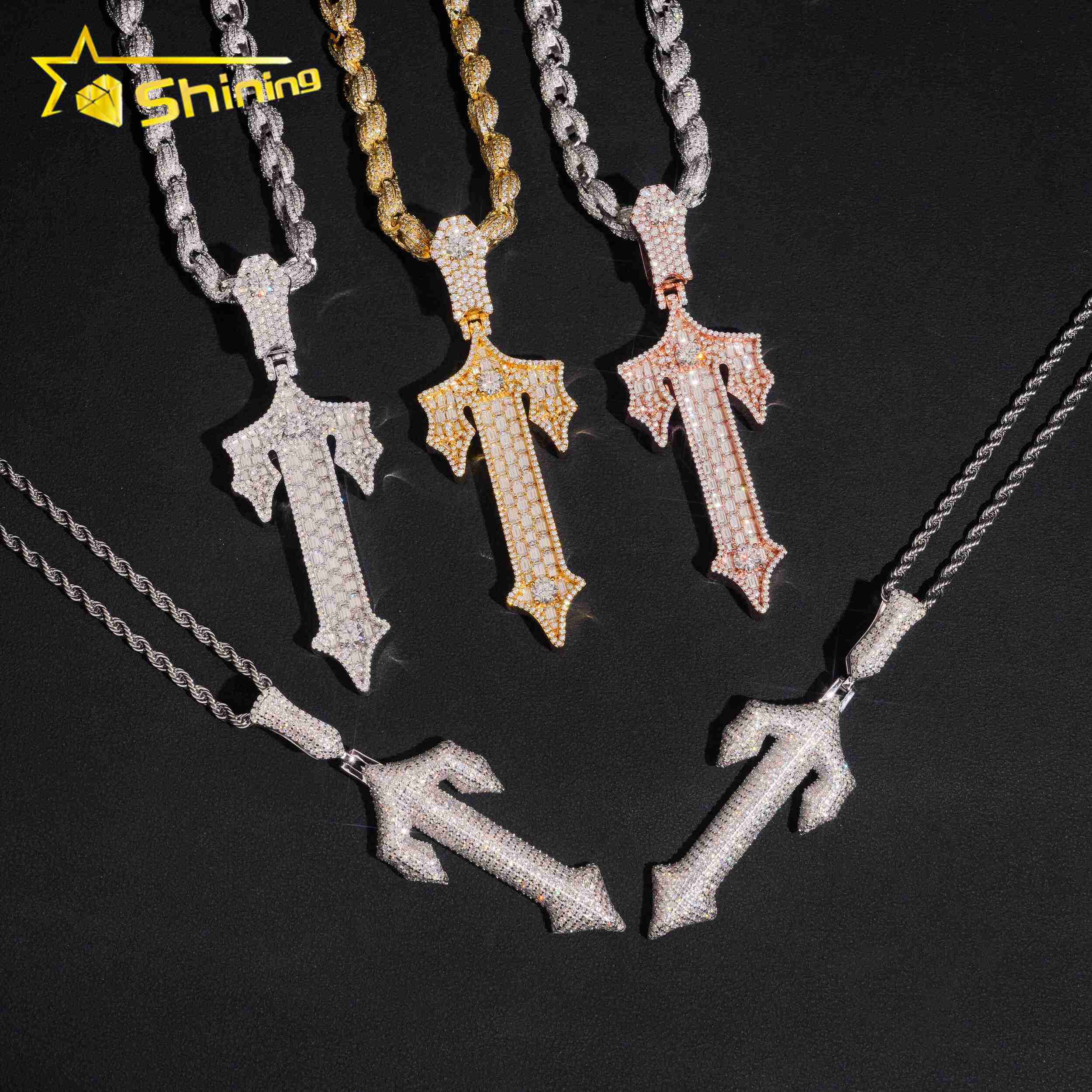 New Design GRA Moissnaite Cross Charms Silver 925 Gold Plated Hip Hop Moissanite Pendant Fine Jewelry Necklaces