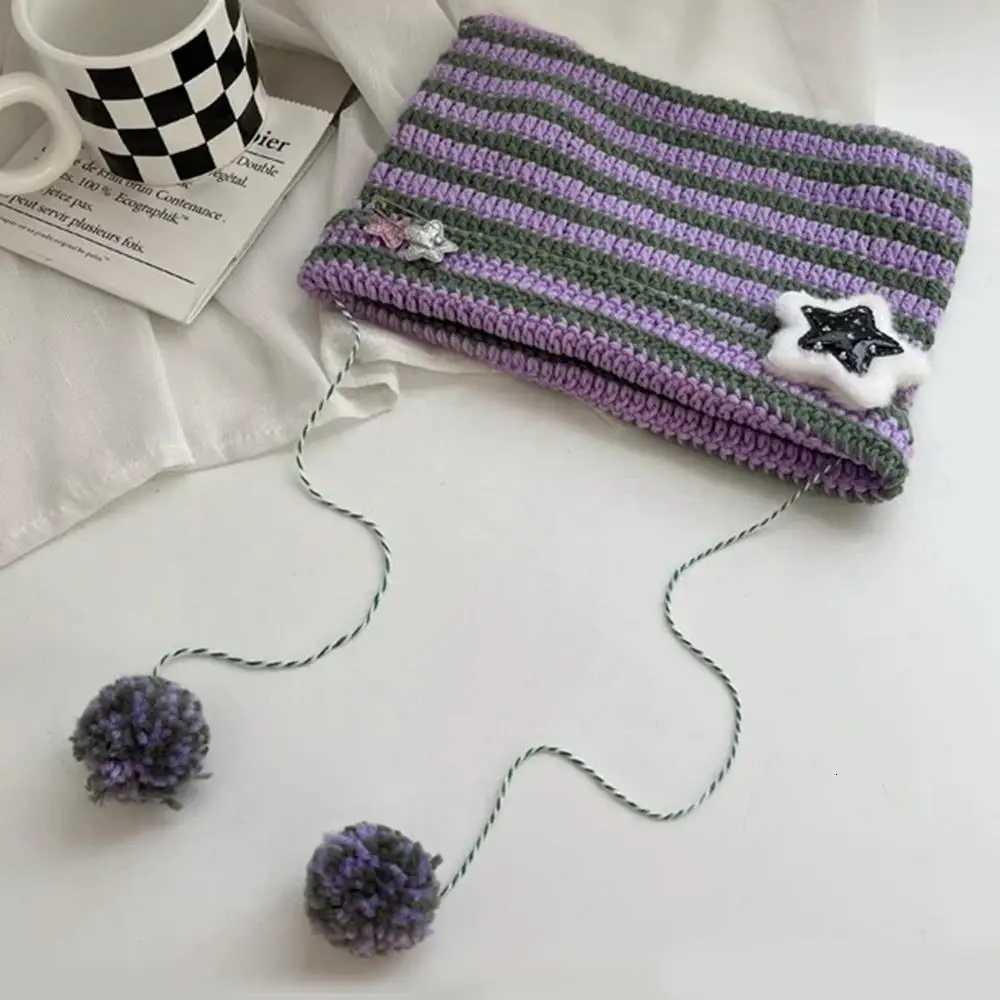 Winter Striped Knitted Wool C Star Decor Hanging Ball Slouchy C Crochet Knitting Beanie Hat Cat Ears Pointed Pulr HatsXJ250910