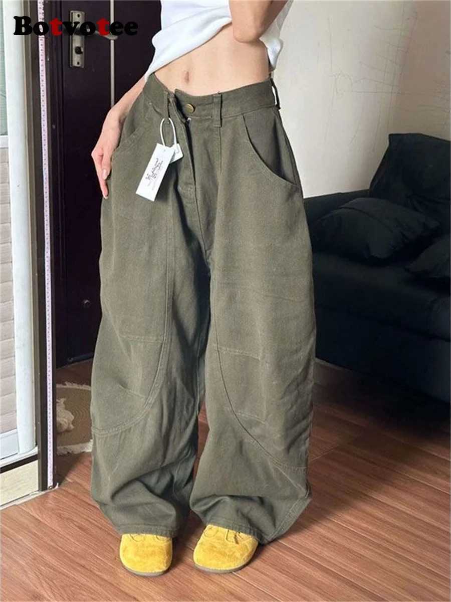 Botvotee Baggye Jeans for Women Army Green High Waist Loose Vintage Y2k Long Denim Pants Female Fashion Streetwear Washed Jeans Z250910