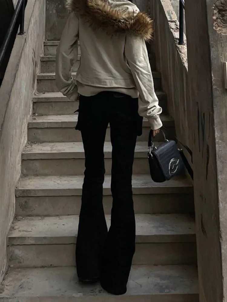 Women Dark Academia Goblin Core Long Trousers Gyaru Goth Low Rise Flare Pants Y2K Streetwear Stretch Japanese Harajuku Grunge Z250910
