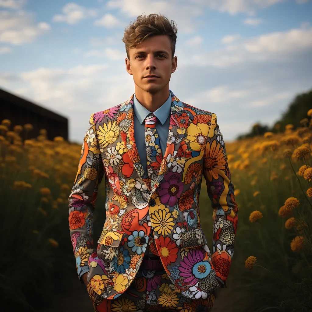 Mens 2 Piece Suit Notched Lapel Fashion Vintage Coat Sunflower Daisy Floral Print Two Buttons Slim Fit Sui No Tie W250910