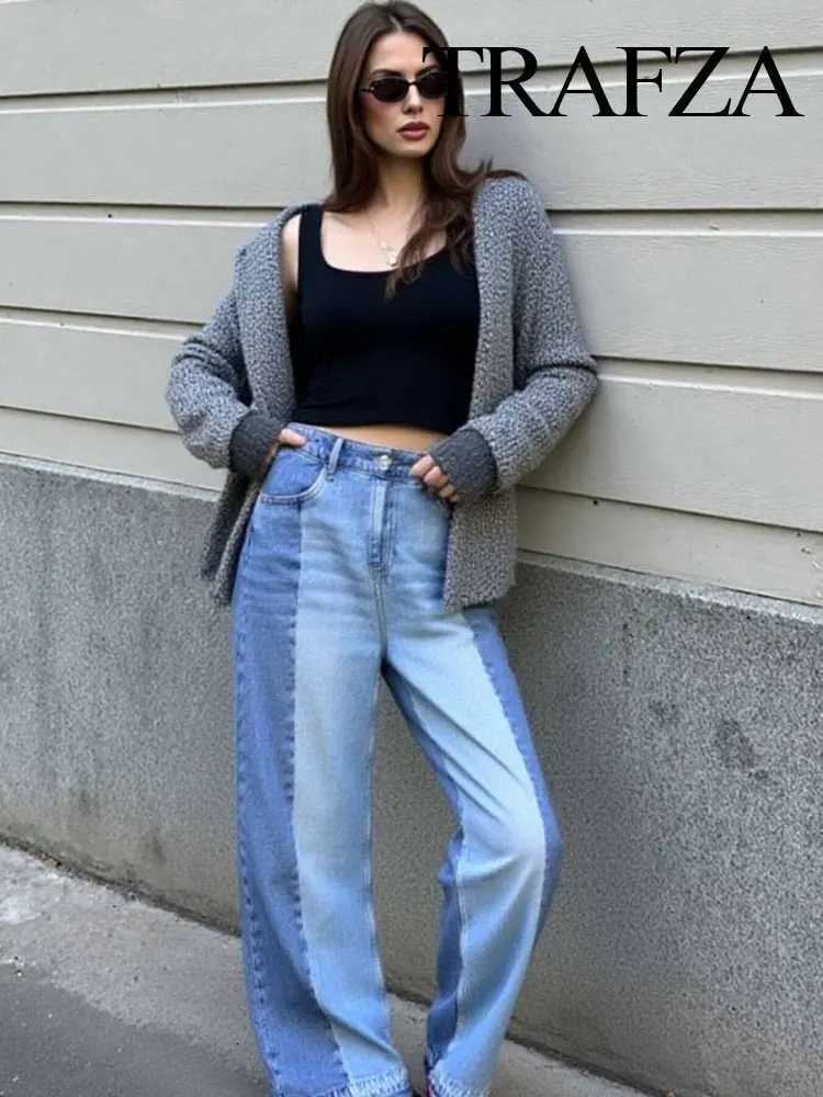 TRAFZA 2025 Summer Womens Fashionable Spliced loose Widefoot Jeans Retro High Neck Pocket Decoration Womens Streetwear Y2K Z250910
