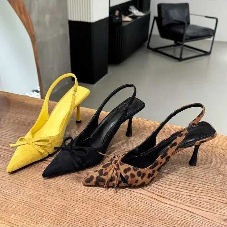 Womens Kitten Heels Slingbacks Sandals Leopard Genuine Leather Pointed Toe Party Wedding Shoes Woman Quality Pumps Bow W250910