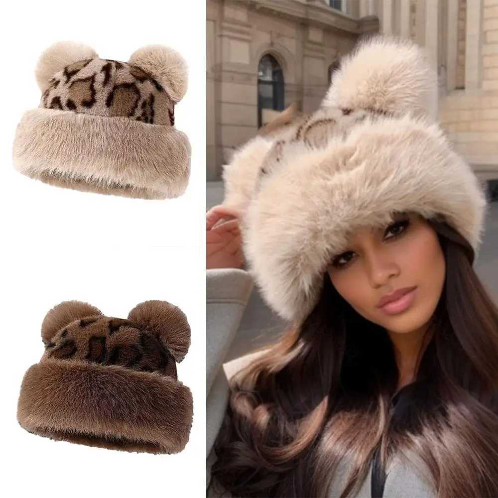 Ear Protection Russian Hat Leopard Print Fluffy Fur Winter Hat Outdoor Snow Ski C Bear Ears Plush Thick Warm Bucket HatXJ250910