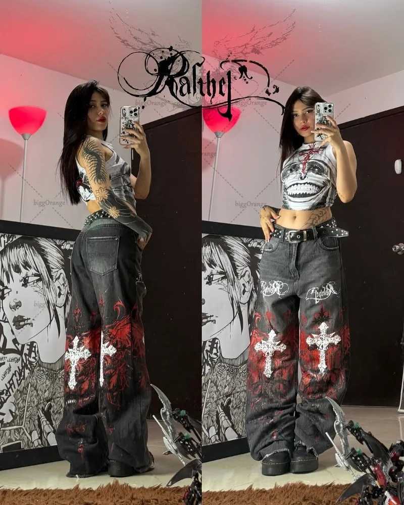 Harajuku Y2K Streetwear Trousers Women Vintage Retro Rock Baggy Jeans Gothic Punk Cross Print Straight Pants High Waisted Jeans Z250910
