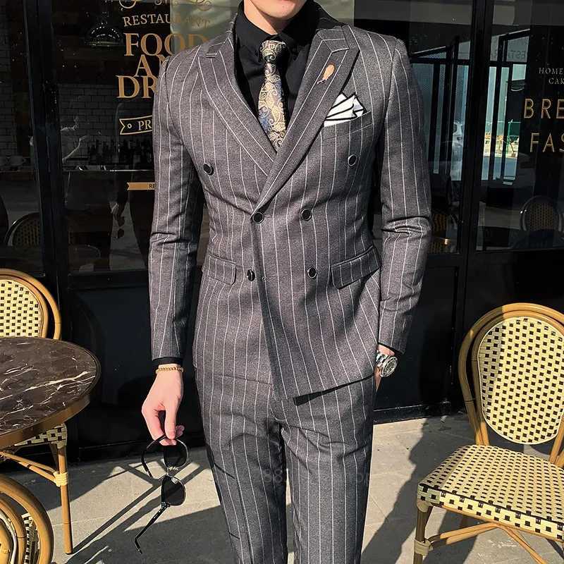 Vertical Stripe Mens Suit Homme Slim Fit Business Korean Edition Double Breasted Suit Wedding Banquet Set of 2 Pieces W250910