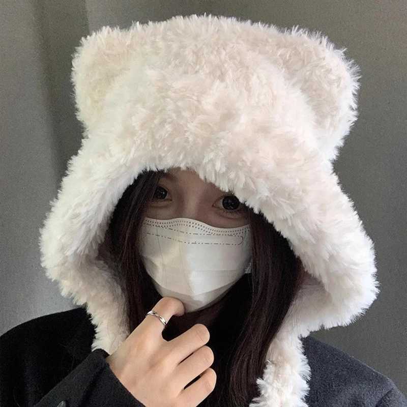 Fashion Cute Bear Ears Winter Hat Woolen Ear Protection Bucket Hat Plush Coldproof Cycling C For WomenXJ250910