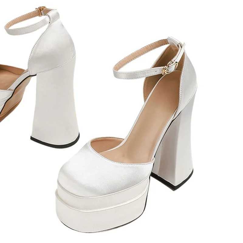 2025 Mary Jane Block Heels High Quality Womens Satin Ultra High Heels Thick Sole Round Toe Ankle Straps Party Wedding Shoes W250910