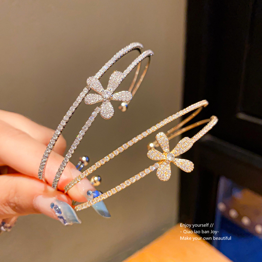 Gold-Tone Double-Layer Open Bangle With Full Crystal Pave & Crystal Flower Accent, Luxe Sparkly Style, Perfect For Elevating Elegant Daily/Party Looks