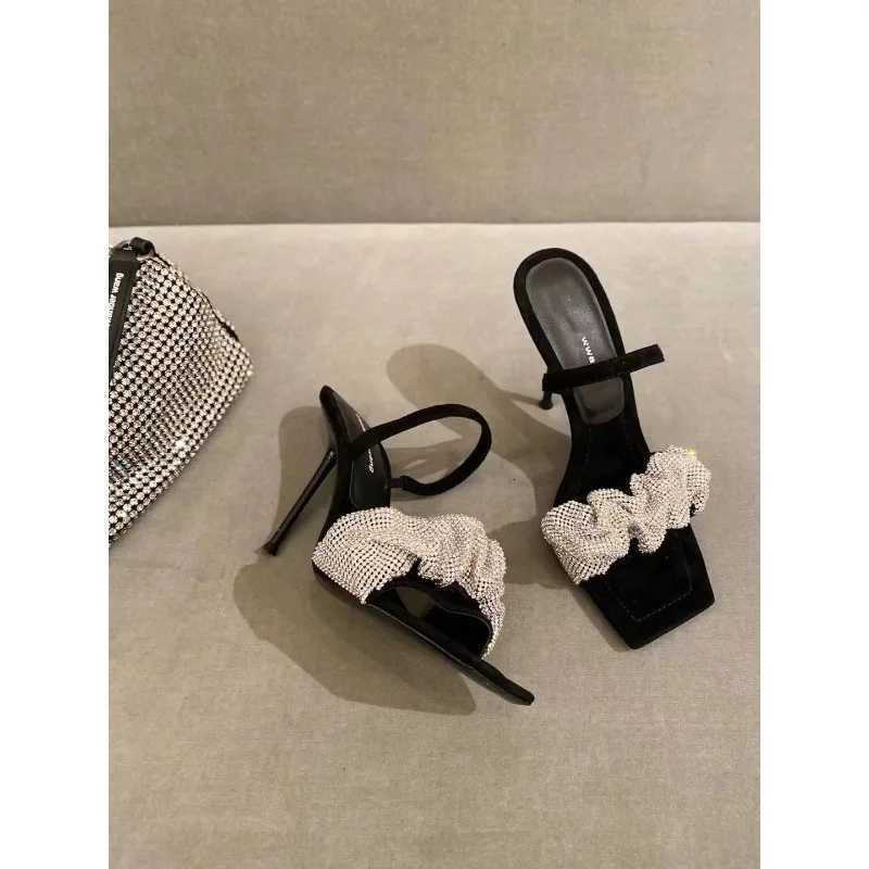 New Summer Fashion Design High Heels Womens Shoes Square Toe 7 Cm Non Slip Rhinestone Pumps Bling Women Sandals Zapatos Mujer W250910