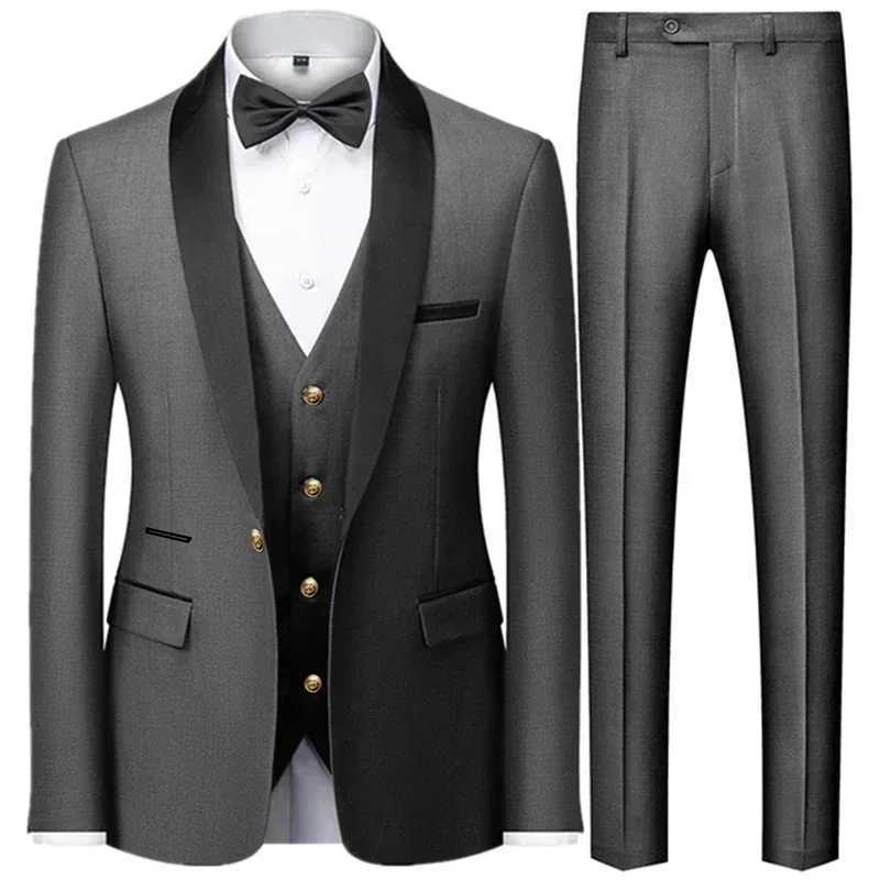 3 Pieces Set Mens Business Blazers Coat Male Slim Fit Color Matching Collar Suit Tuxedo Leisure Jacket Pants Vest Wedding W250910