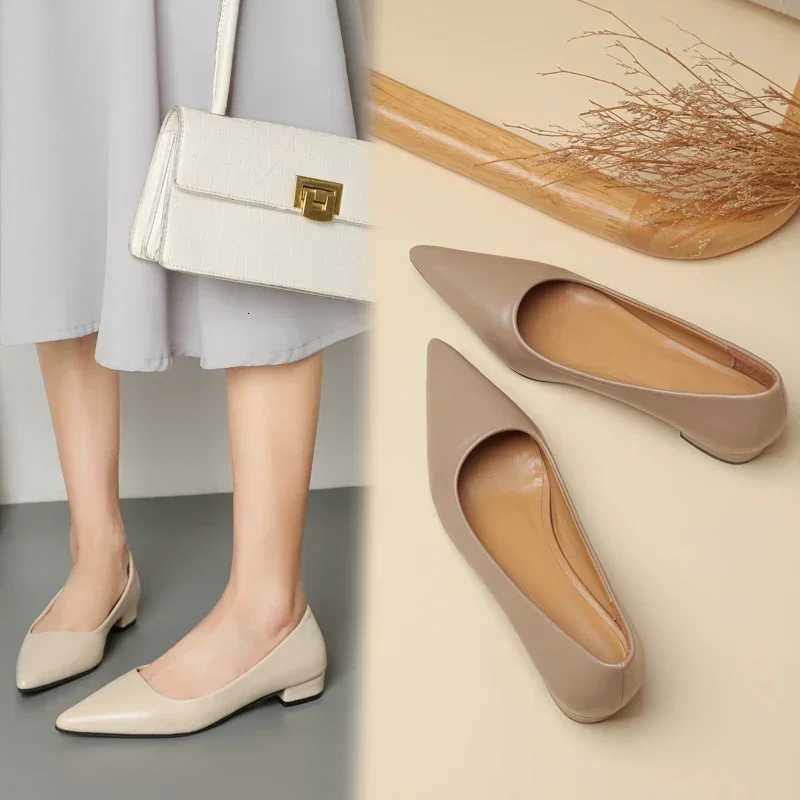 New Pointed Toe Shallow Mouth Square Heel Small Leather Shoes Womens Elegant Fashion High Heels Dress Shoes Zapatos Mujer W250910