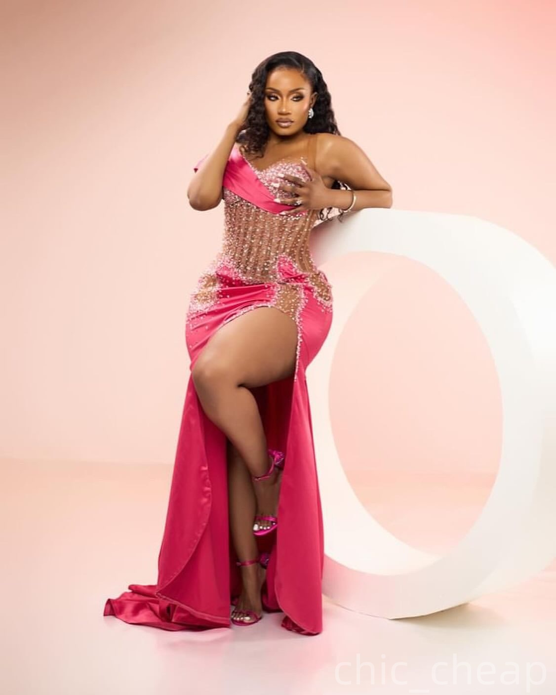 Mermaid Fuchsia Prom Dresses 2025 Illusion Beaded Satin High Split Evening Formal Party Second Birthday Engagement Gowns Plus Size Dress For Special O