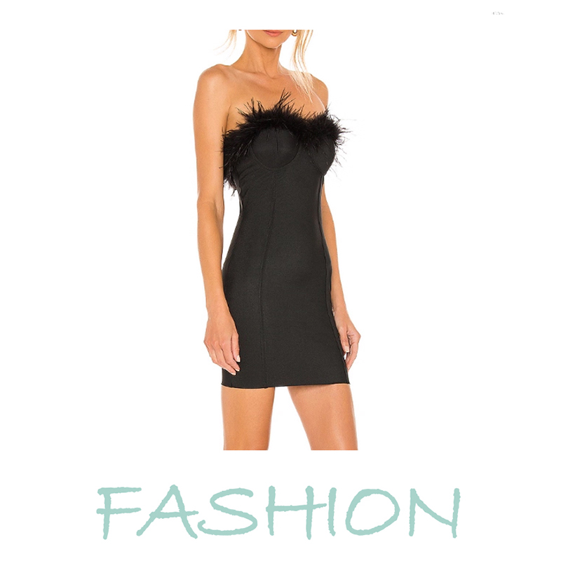 Skirts Women's Black Strapless Feather Trim Bodycon Mini Dress, Fashion Party Cocktail Dress