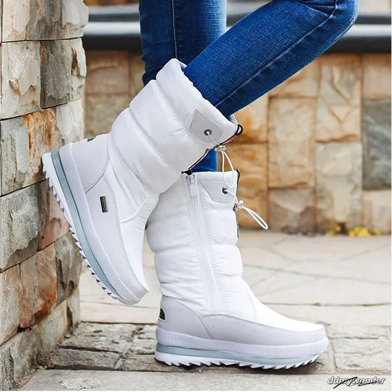 White Women Winter Shoes Warm Plush Mid-Calf Waterproof Rubber Non-Slip Platform Snow Boots Female Plus Size 42