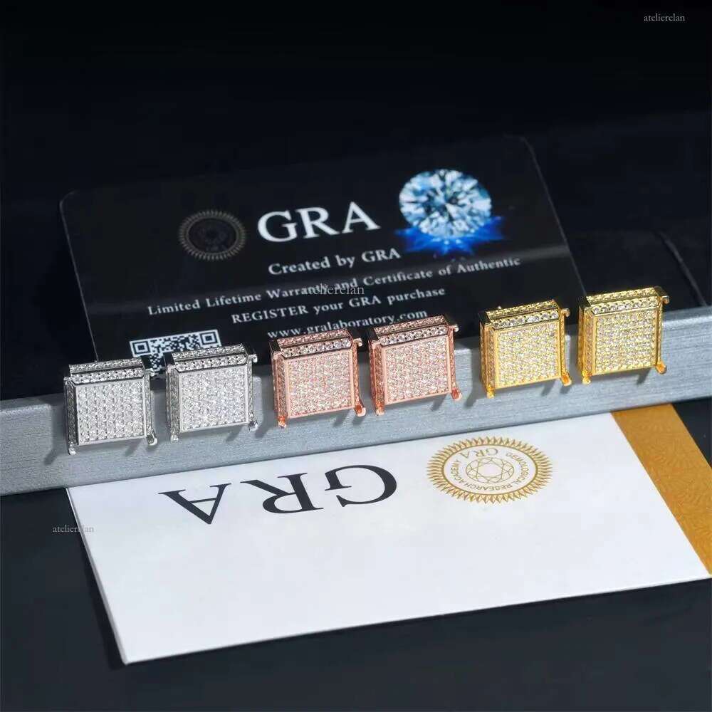 Big Square Shape Full Iced Out Hip Hop GRA Certertificate Sterling Sier Men Moissanite Earrings