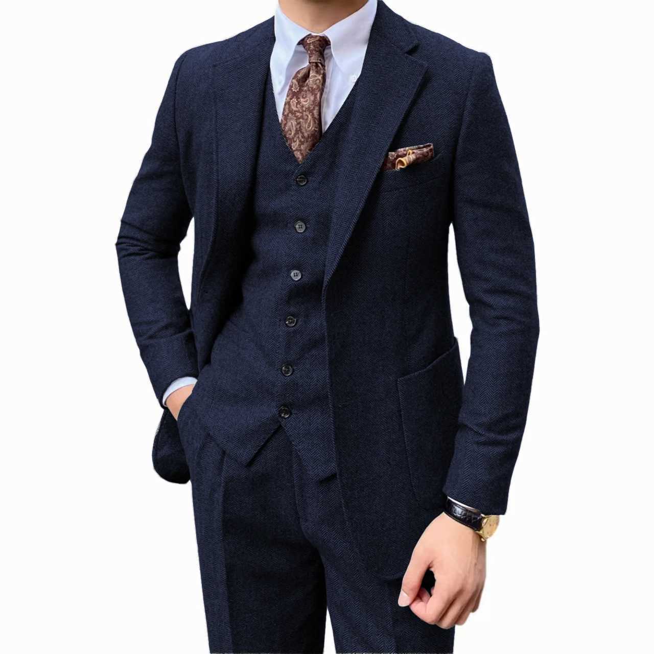 Mens herringbone suit twopiece set Notched lapel One Button Herringbone onebreasted vest jacket Coarse woolen fabrics W250910