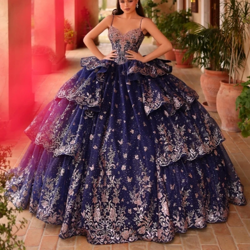 Navy Blue Quinceanera Dresses Ball Gown Spaghetti Strap Lace Beading Crystal Tiered Tull Sweet 16 Dress Vestidos 15 De Anos