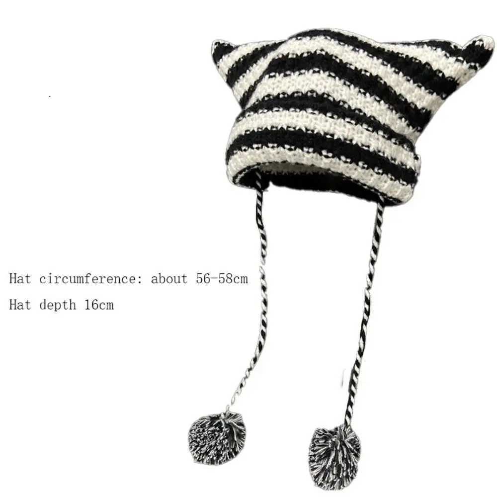 Gift Y2K Knitting Striped Beanie Hat Cute Wool Hanging Ball Knitted Beanie Hat Cat Ears Pointed Pulr Hats WomenXJ250910