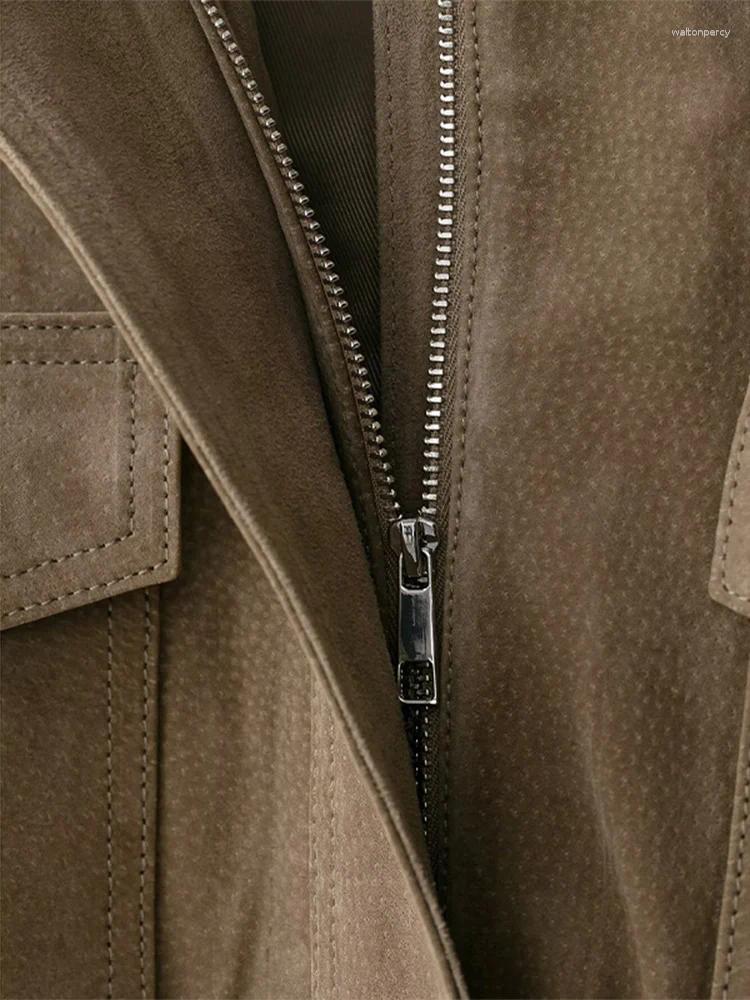 Women's Jackets Standing Collar Casual Leather Suede Texture Coats Zipper Pockets Fold Tops High Street Autumn Lady Clothes