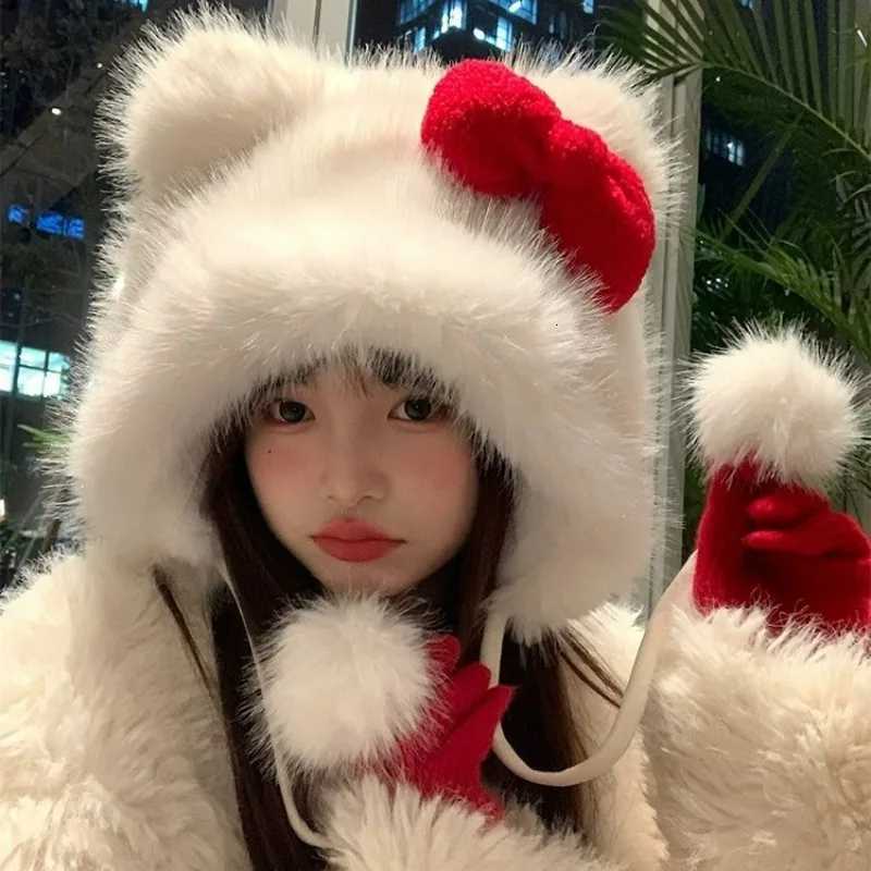 Korean Sweet Bow Plush C for Women Winter Girls Keep Warm Windproof Cat Ear Protection Hats Cute Pompom Beanie with Lace BowXJ250910