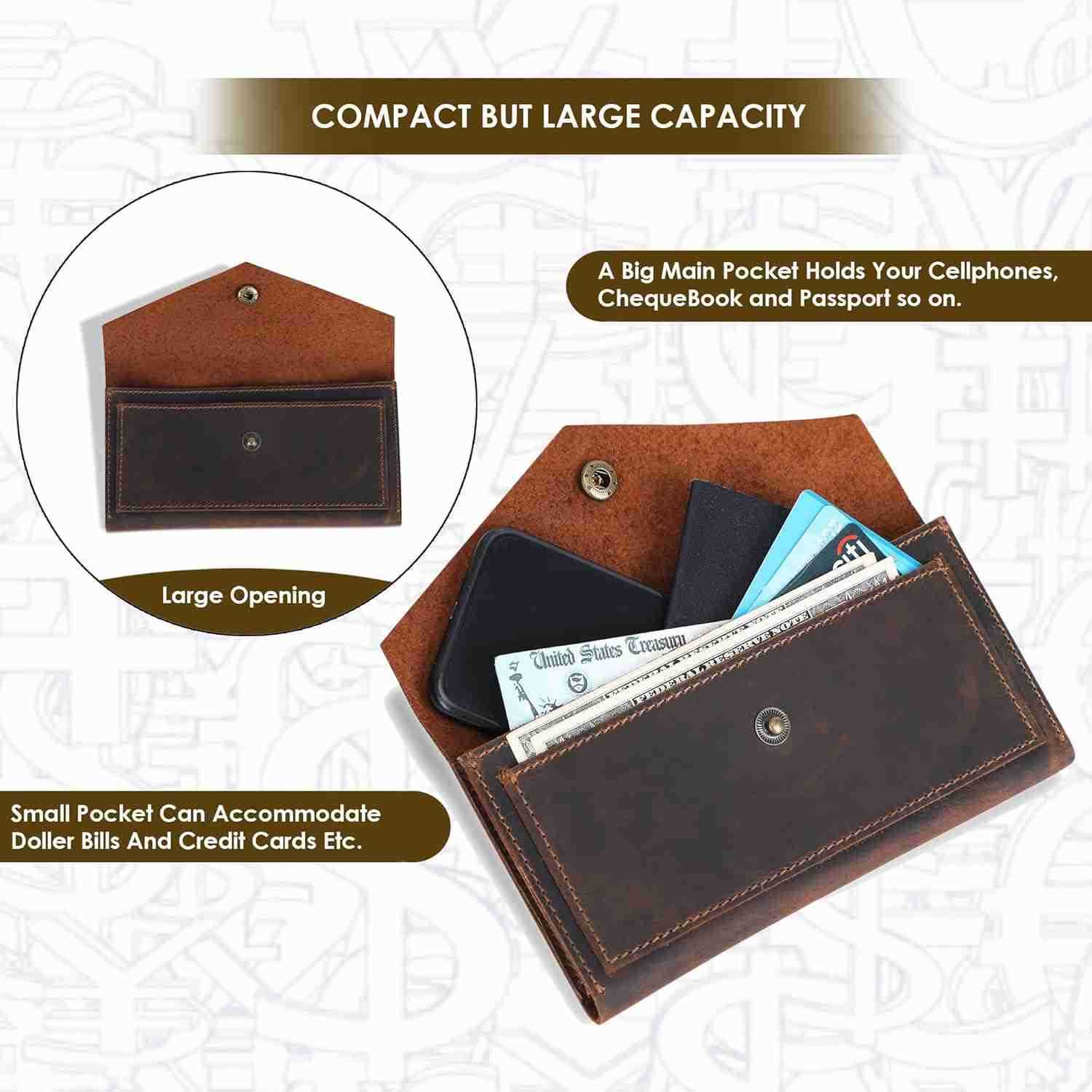 Brown Leather Cash Envelopes for Money Small Money Pouch With Mobile Holder Handmade Leather Wallets Currency Holder Money Organizer for Cash Money Ba