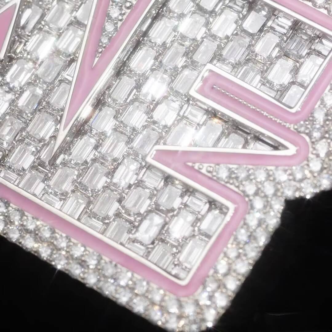 10K Solid White Gold VVS1 Lab Grown Diamond Jewelry Luxury Design Pink Enamel Baguette Diamond Name Cuban Chain Necklace