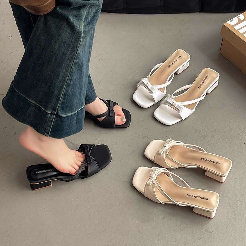 35-42 Evening French Style Squ Toe Bowknot Slip-On for Women Spring Summer New High-End Feel Outdoor Wear with Dress Sandals