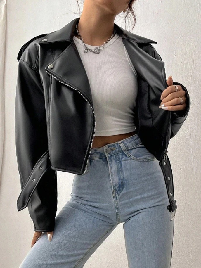 Women's Leather Outerwear Revival Jacket Belt Shoulder Badge Zipper Lapel Jacket Handsome Washed Leather Motorcycle Clothing