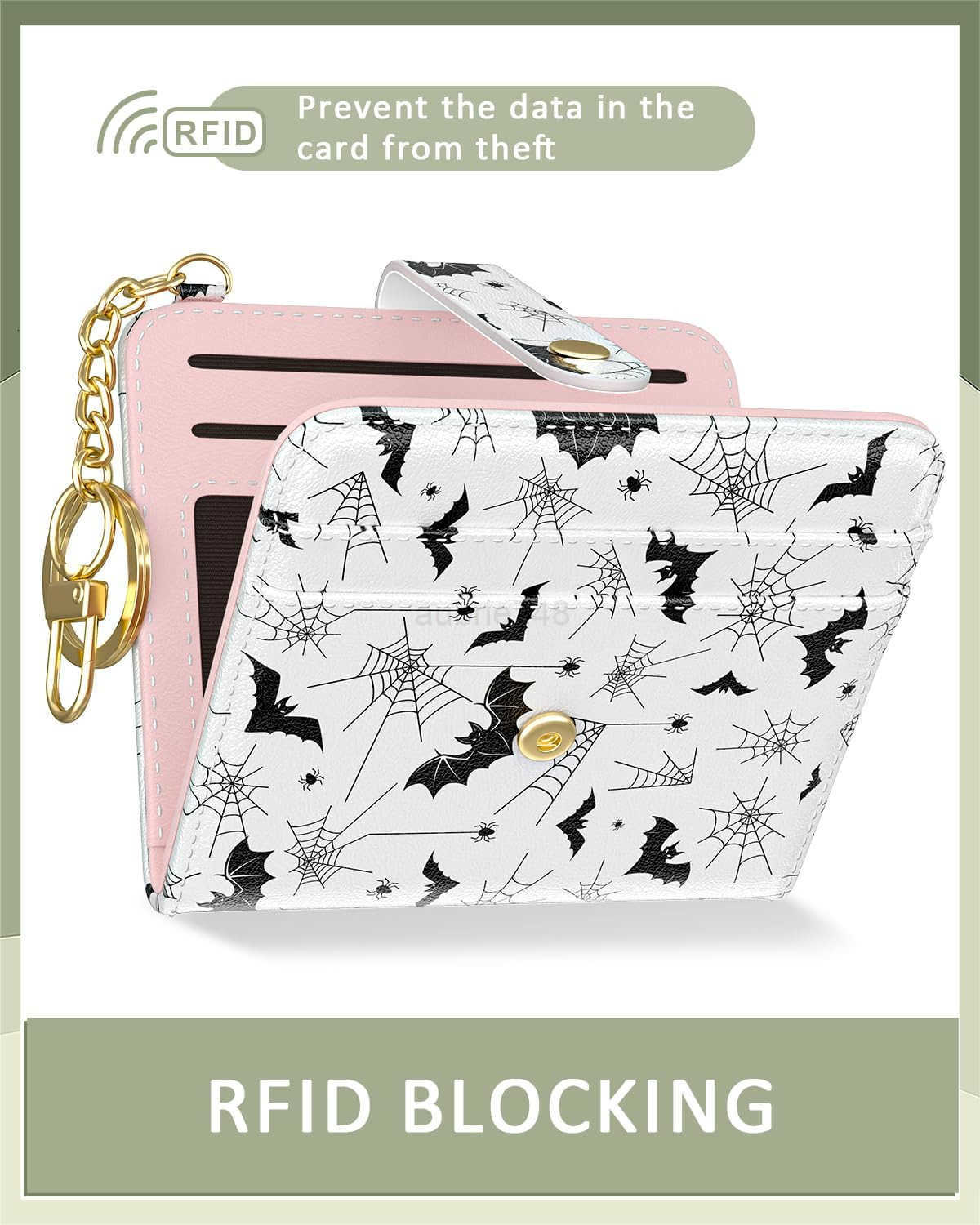 Womens Wallet RFID Small Wallets for Women Slim Compact CARD Holder Cute Leather Bifold Ladies Purse with Zipper Coin Pocket and ID Window Gothic Bats