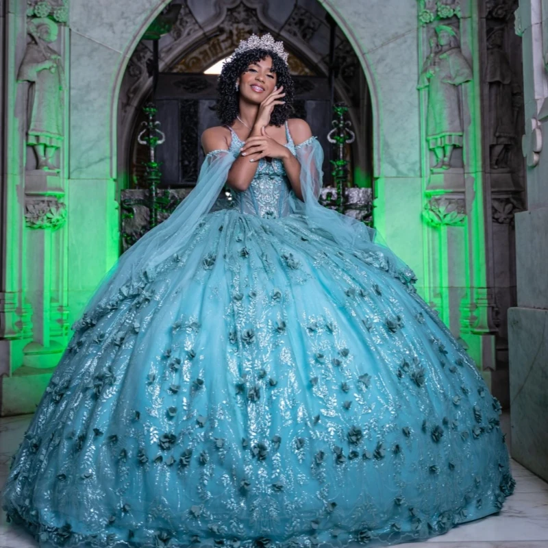 Water Blue Shiny Quinceanera Dresses Ball Gown Off The Shoulder Sequin Applique Flower Beads Tull Sweet 16 Dress Vestidos 15 De Anos