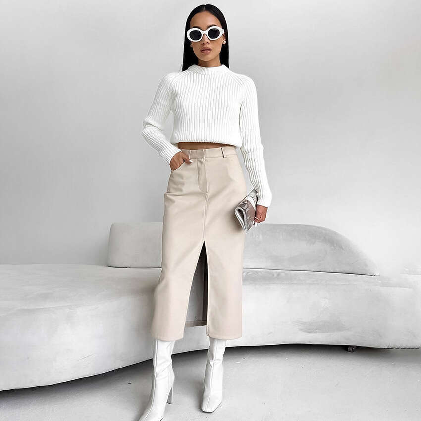 Fleece-Lined PU Leather Skirt With Split Design For Women, New Autumn/Winter Collection B3