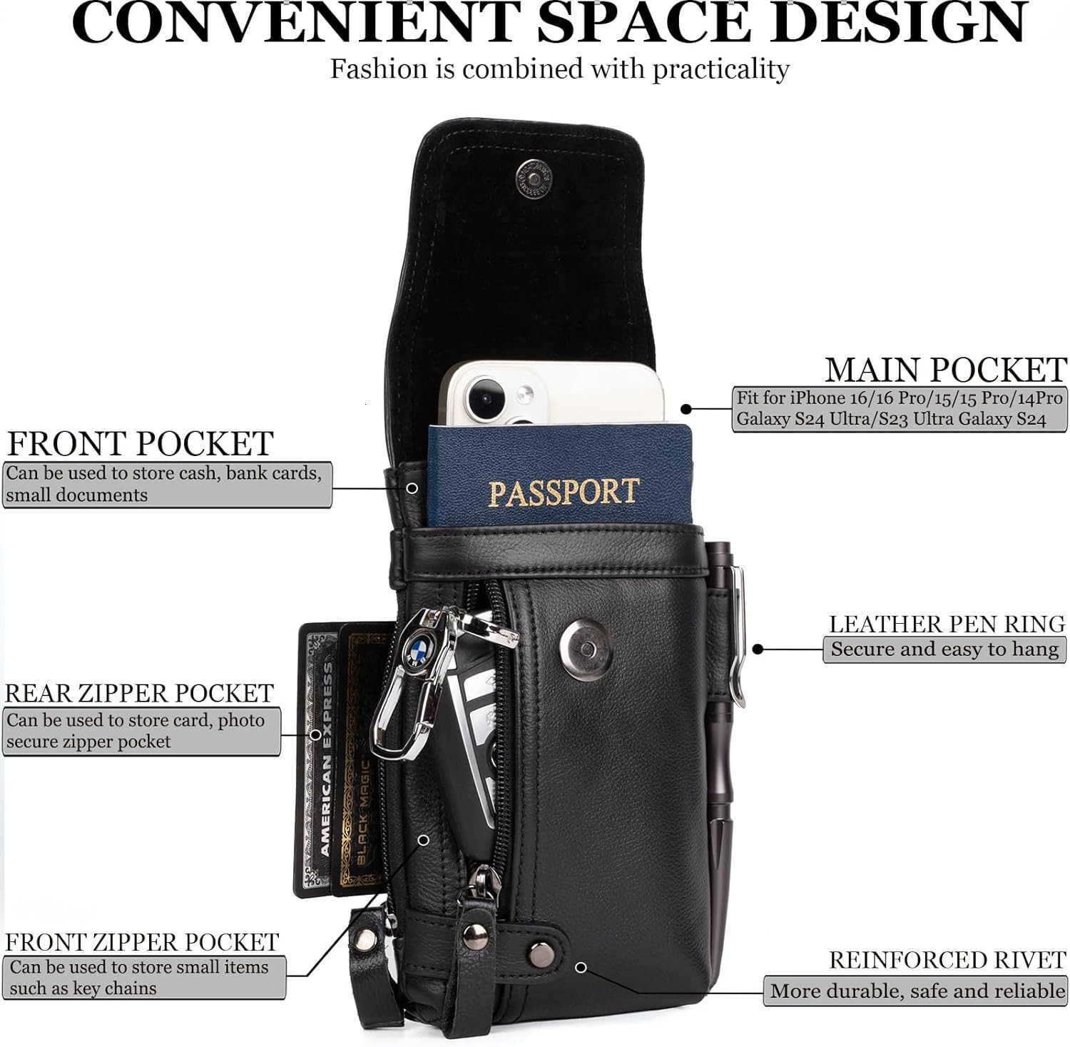 Leather Phone Holster Genuine FullGrain Buffalo Leather Cell Phone Holsters for iPhone 16 15 14 13pro S24 S23 S227H X 35 W Black Z250910