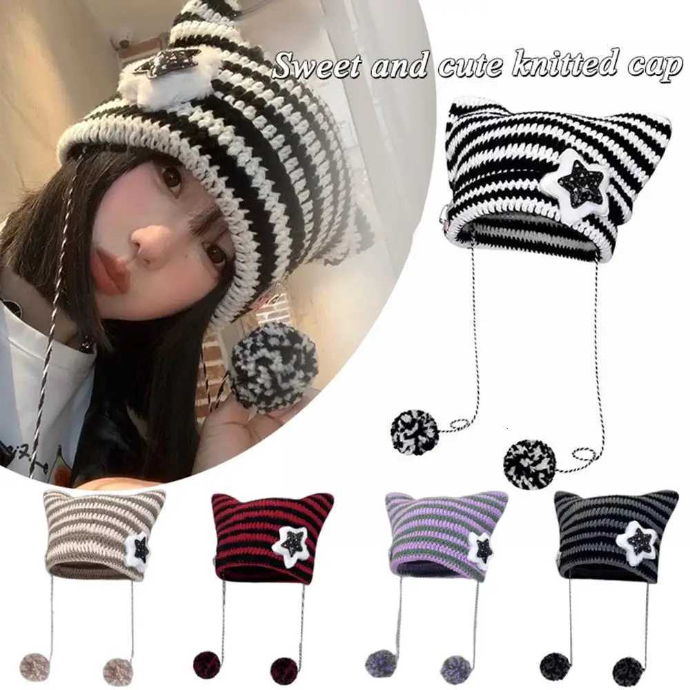 Striped Knitted Wool C Crochet Knitting Hats Cat Ears Pointed Pulr Hat Sweet Star Decor Outdoor Item Fashion Slouchy CXJ250910