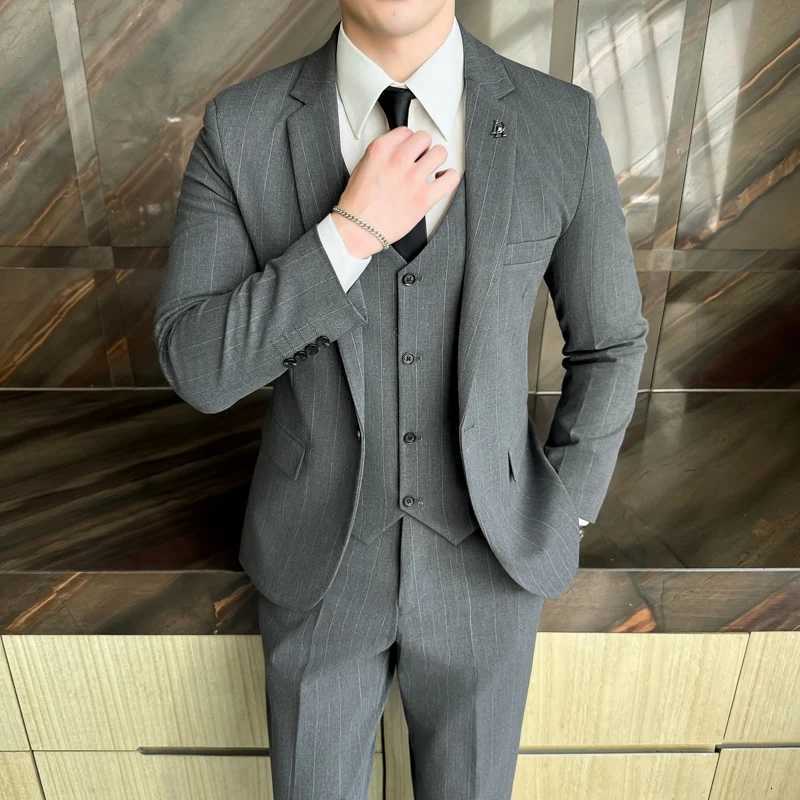 2025 HighQuality Wedding Suit ThreePiece Set Striped Business Casual Fashion Vest Trousers Ensemble Handsome Boutique Trend W250910