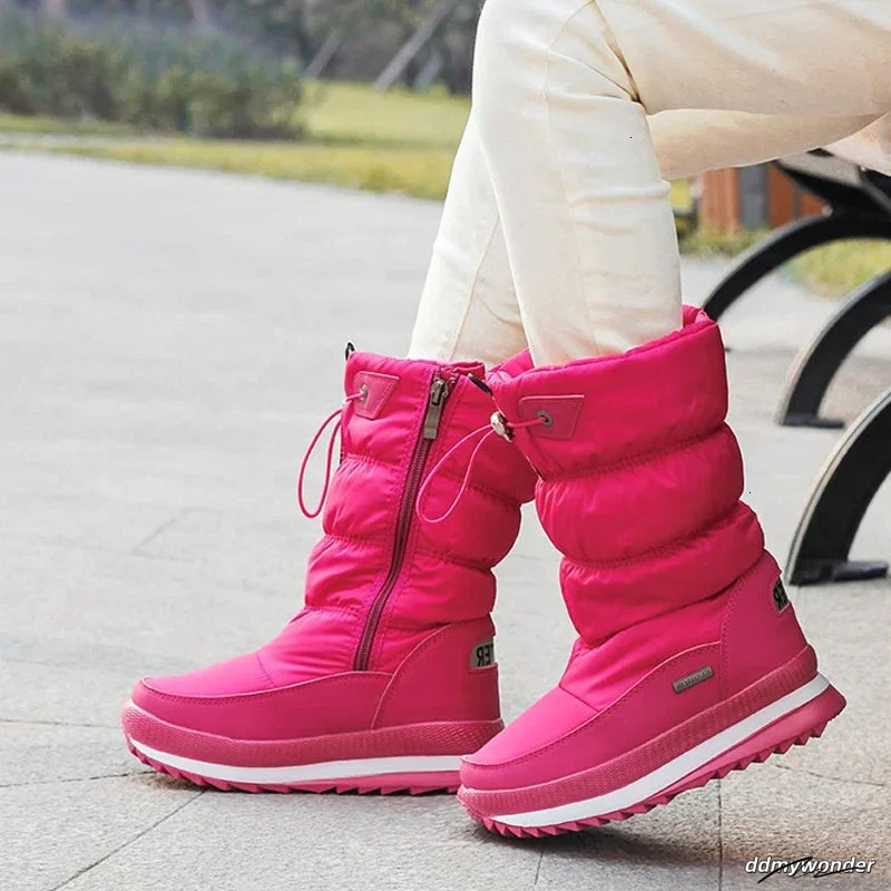 White Women Winter Shoes Warm Plush Mid-Calf Waterproof Rubber Non-Slip Platform Snow Boots Female Plus Size 42