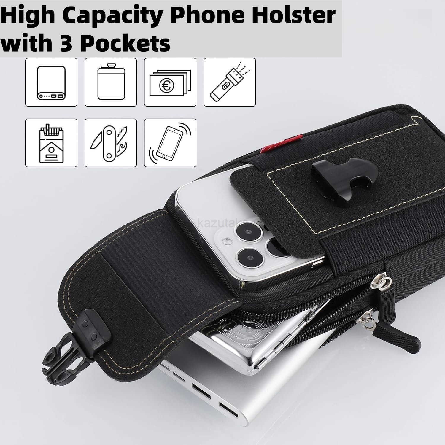 Phone Holster Pouce with Dual Case Bag for iPhone 16 15 14 13 12 11 Plus pro max Cell Phone Holder for Men Belt Tactical Holster Pouch Black Z250910