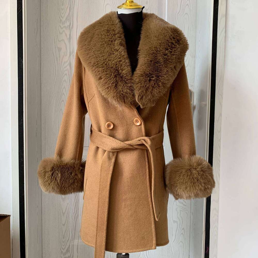 LHXDW New women's woolen coat with faux fur Fluffy fur leader Mouth women winter warm faux fur double-sided wool jacket Artificial fur