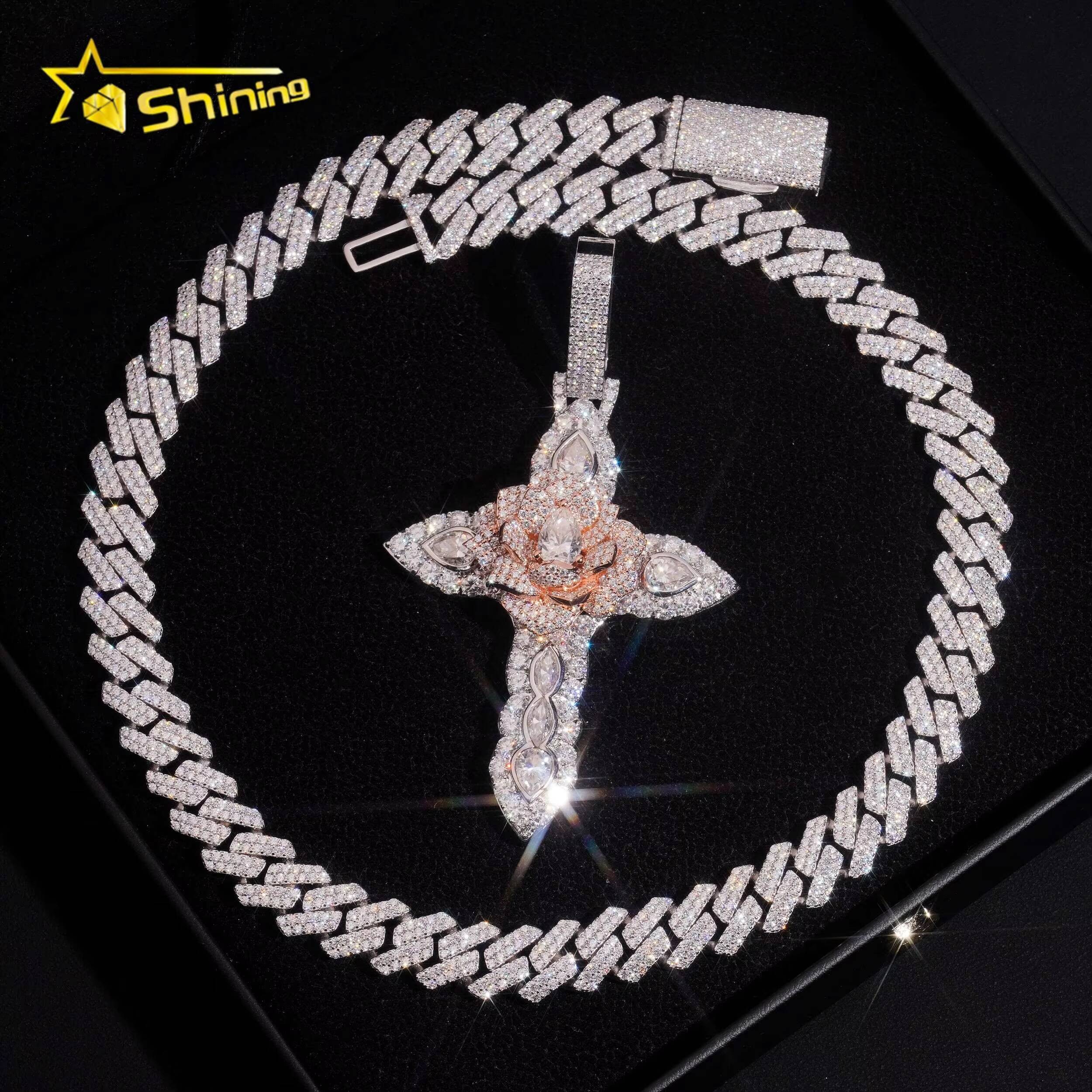 Solid Heavy Two Tone VVS Diamond Hip Hop 925 Silver Iced Out 3D Custom Moissanite Cross Pendant