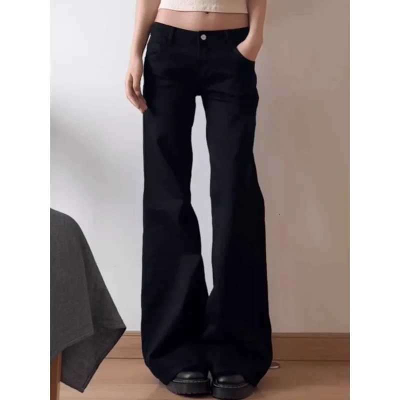 Botvotee Y2K Black Low Waist Jeans Flare Washed Vintage Casual Minimalist Denim Pants Grunge Solid Color Street Retro Trousers Z250910