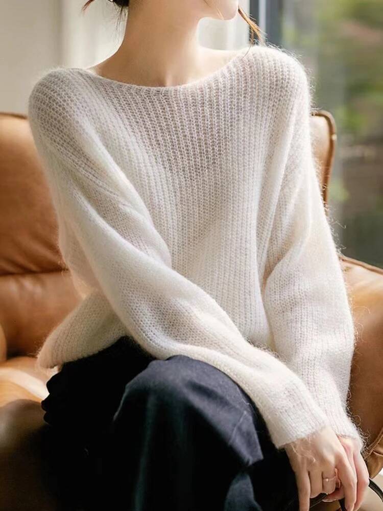 Elegant See-through Pullover Loose Jumper Autumn Winter Soft Warm Women Knitwear Sweater Basic Solid Cashmere Tops dongdumaoyi