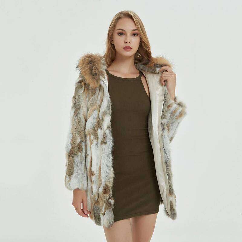 Designer Clothing 2025 Women Natural Hooded Coat Winter Warm 100% Genuine Jacket With Raccoon Collar Lady Real Rabbit Fur Outerwear Luxury Bag