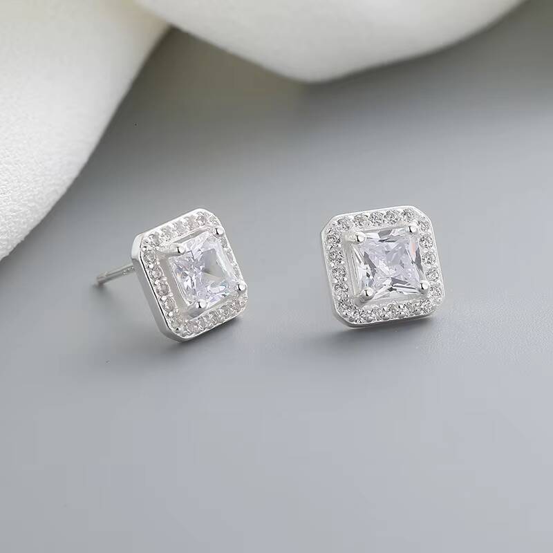 Minimalist Large White Zircon Silver Glitter Square Geometry Diamond Earrings for Women