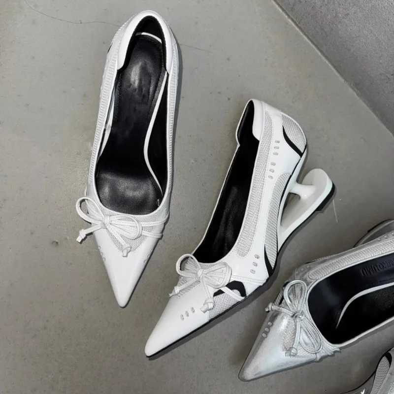 Big Size 43 Special Heel Spliced Heels Pointed Toe Heels Womens Fashion Shallow Mouth Bow NonSlip Mary Jane Single Shoes W250910