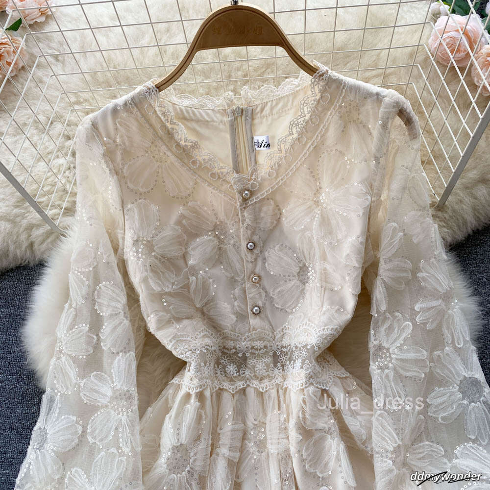 Gentle And Feminine Slim Waist Knee Length Long Sleeve First Love A-Line Skirt Elegant Temperament V-Neck Lace Dress ddmywonder ddmywonder ddmywonder 