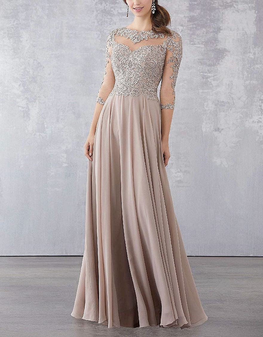 Purple Lace Applique Beaded Mother of the Bride Dresses Elegant Three Quarter Sleeve Long Chiffon Evening Formal Mother Dress