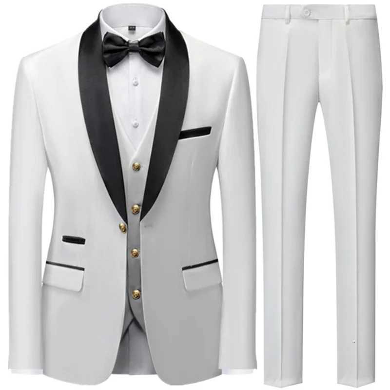 3 Pieces Set Mens Business Blazers Coat Male Slim Fit Color Matching Collar Suit Tuxedo Leisure Jacket Pants Vest Wedding W250910