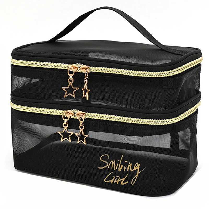 LargeCapacity Black Mesh Makeup Case Organizer Storage Pouch Casual Zipper Toiletry Wash Bags Make Up Women Travel Cosmetic BagXJ250910
