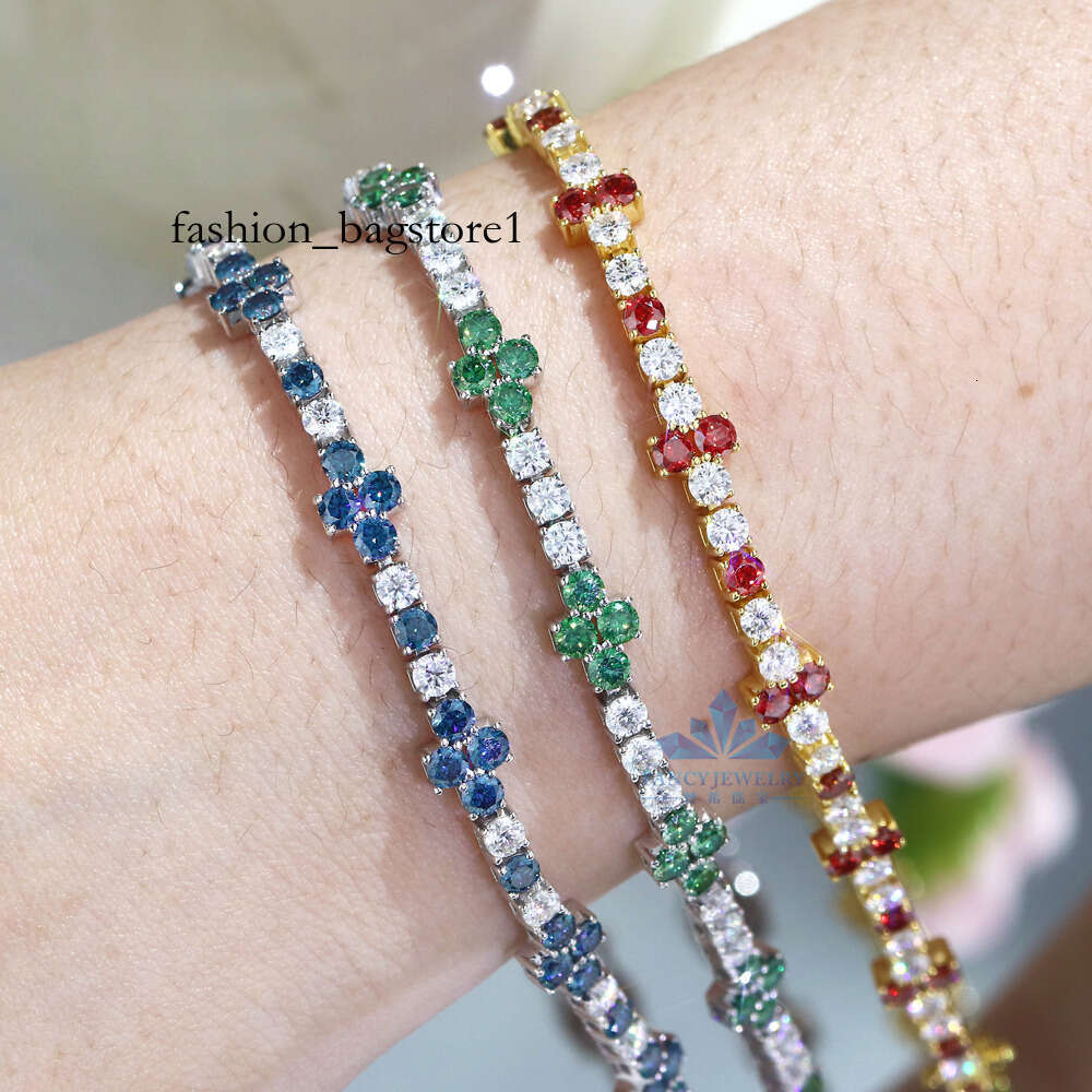 New Arrival 3mm VVS Moissanite Dia Iced Four Leaf Clover Cross Tennis Chain Bracelet Sier Fashionable Femme Design